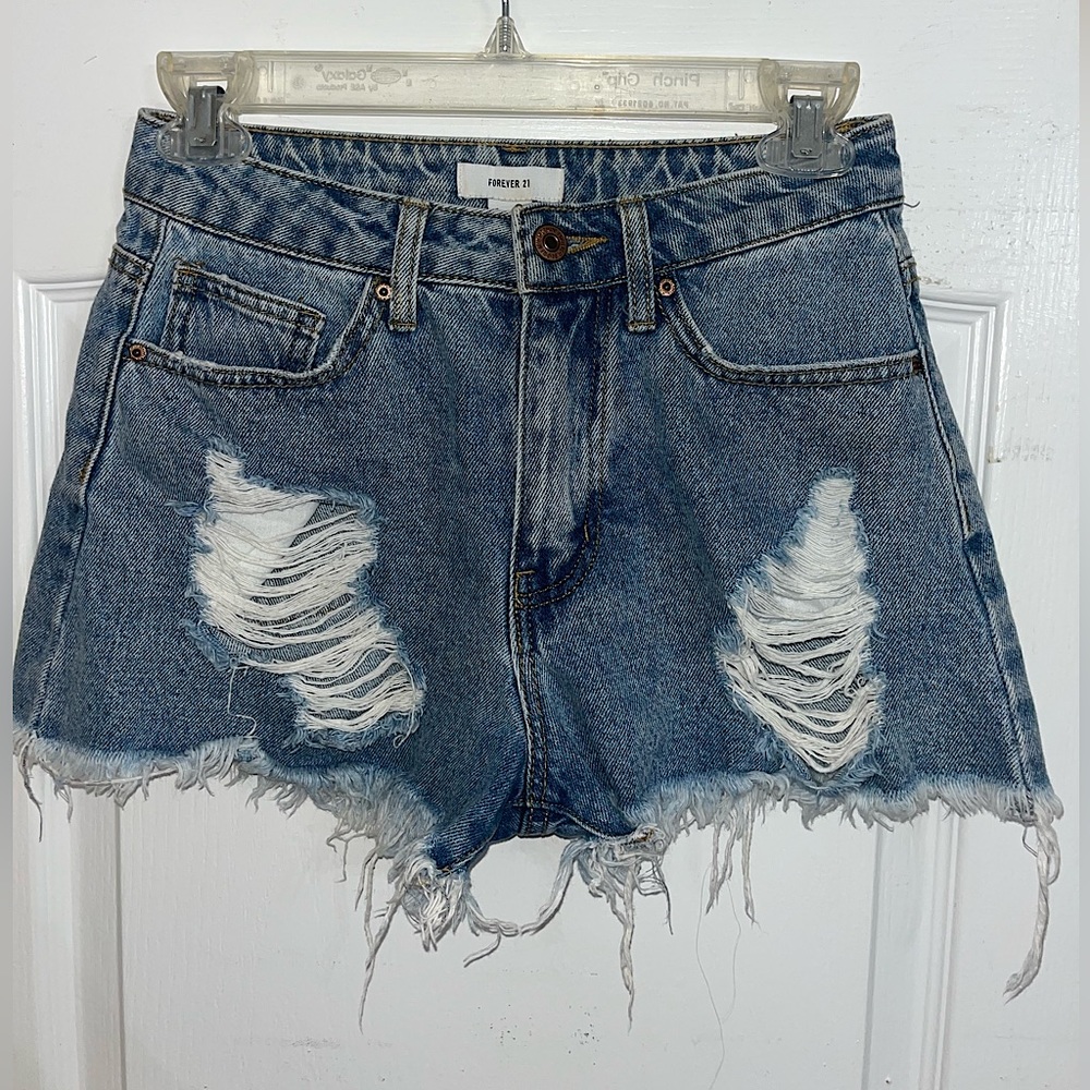 Forever21 High Rise Distressed Medium Wash Denim Shorts — 24